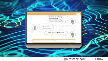 Image of ai data processing on screen over blue glowing lines on dark background Image of ai data processing on screen over blue glowing lines on dark background 116140628