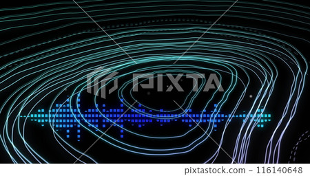 Image of circular pattern and sound wave against black background Image of circular pattern and sound wave against black background 116140648
