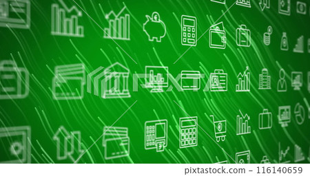 Image of multiple application icons and white lines moving against green background Image of multiple application icons and white lines moving against green background 116140659