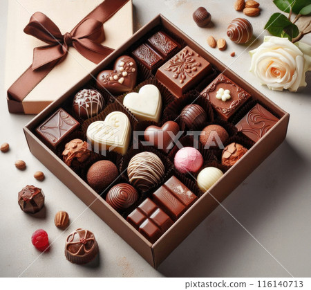 A set of festive chocolate sweets of various shapes and designs in a box. Top view 116140713