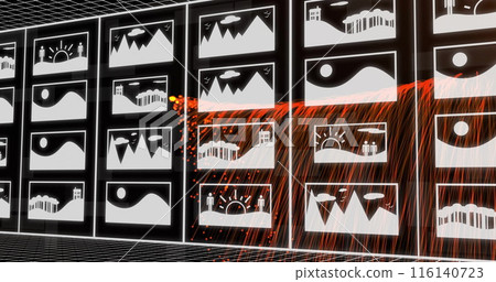 Image of digital profile pictures, falling binary codes and abstract pattern on black background 116140723