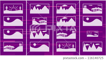 Image of digital pictures and falling binary codes with lines over purple background Image of digital pictures and falling binary codes with lines over purple background 116140725