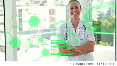 Image of scientific data processing over smiling caucasian female doctor 116140784