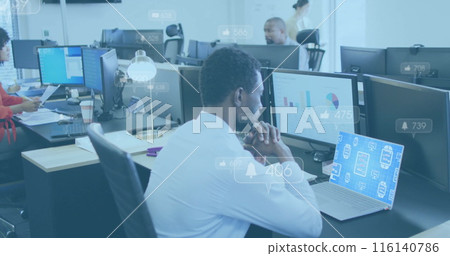 Image of multiple notification bars, african american man looking at presentation in laptop Image of multiple notification bars, african american man looking at presentation in laptop 116140786