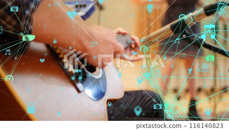 Image of network of connections of digital social media interface icons over man playing guitar Image of network of connections of digital social media interface icons over man playing guitar 116140823