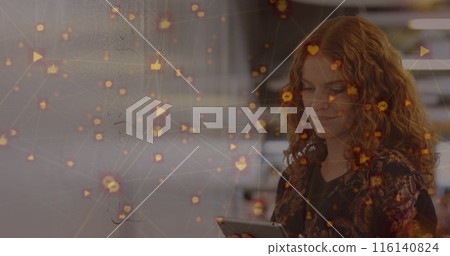Image of network of connection with interface icons over Caucasian woman using digital tablet Image of network of connection with interface icons over Caucasian woman using digital tablet 116140824