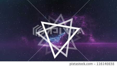 Image of multiple white triangles spinning on seamless loop over glowing pink light trails 116140838