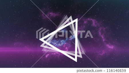 Image of multiple white triangles spinning on seamless loop over glowing pink light trails 116140839