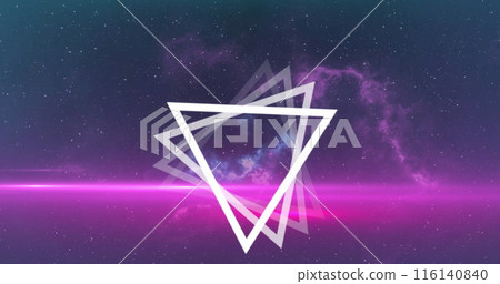 Image of multiple white triangles spinning on seamless loop over glowing pink light trails 116140840