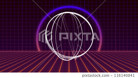 Image of multiple white circles spinning on seamless loop with pink to purple neon and grid 116140841