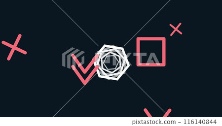Image of multiple white hexagons spinning on seamless loop with pink shapes on black background 116140844