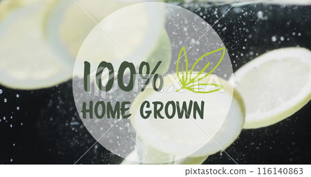 Image of 100 percent home grown text over fruit falling in water background Image of 100 percent home grown text over fruit falling in water background 116140863
