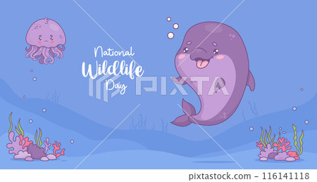 Holiday wildlife day. Underwater world with cute dolphin and funny jellyfish with algae. Horizontal background poster with cartoon kawaii character animal. Vector illustration Holiday wildlife day. Underwater world with cute dolphin and funny jellyfish with algae. Horizontal background poster with cartoon kawaii character animal. Vector illustration 116141118