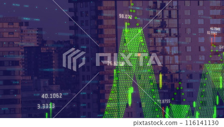 Digital composition of financial data processing against tall buildings in background Digital composition of financial data processing against tall buildings in background 116141130