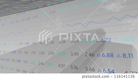 Digital composition of stock market data processing against tall buildings in background 116141136