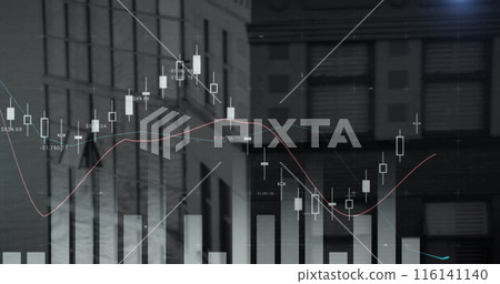 Digital composition of financial data processing against tall buildings in background Digital composition of financial data processing against tall buildings in background 116141140