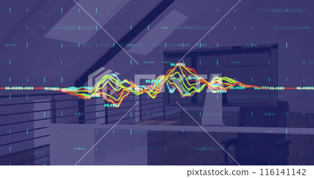 Digital image of financial data processing against 3d model of office in background Digital image of financial data processing against 3d model of office in background 116141142