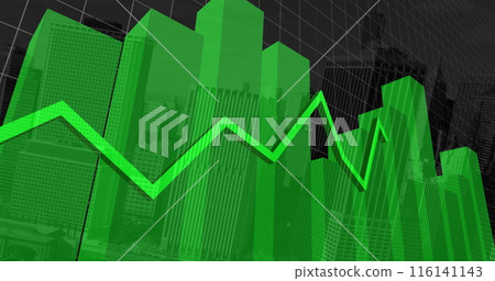 Image of financial data processing with green lines over grid and cityscape Image of financial data processing with green lines over grid and cityscape 116141143