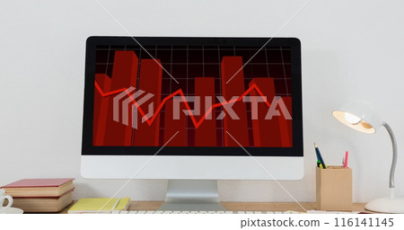 Image of financial data processing with red line over computer screen on desk Image of financial data processing with red line over computer screen on desk 116141145