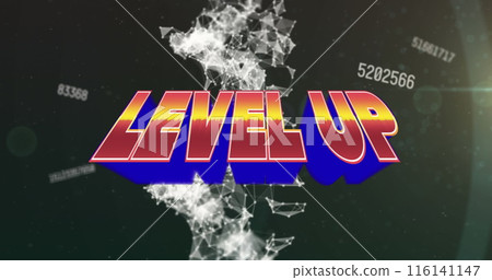 Image of level up text over data processing on black background Image of level up text over data processing on black background 116141147