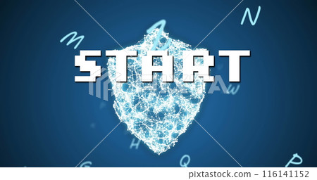 Image of start text over network of connections and letters on blue background 116141152