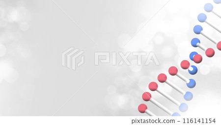 Image of dna strand spinning over white lights on white background, copy space 116141154