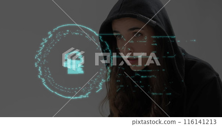 Image of digital interface online security padlock over female hacker in hooded top with laptop Image of digital interface online security padlock over female hacker in hooded top with laptop 116141213