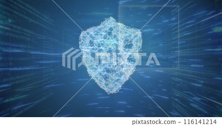 Image of digital interface online security shield over moving light trails on blue background Image of digital interface online security shield over moving light trails on blue background 116141214