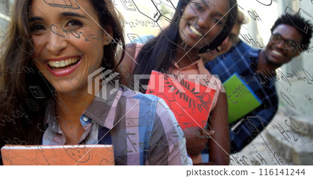 Digital composition of chemical structures floating against group of college students holding books 116141244