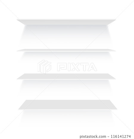 Glass shelves. Empty bookshelf in library . Vector 116141274
