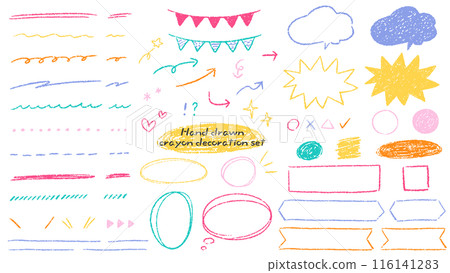 Crayon or colored pencil decorations, borders, embellishments, colorful cute hand-drawn illustration set Crayon or colored pencil decorations, borders, embellishments, colorful cute hand-drawn illustration set 116141283
