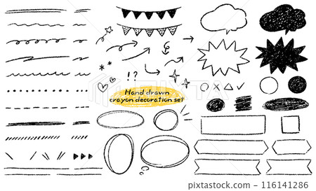 一組可愛的手繪蠟筆和彩色鉛筆裝飾、裝飾邊框和手柄插圖。 116141286