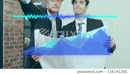 Digital composite image of statistical data processing against two architects discussing over plan 116141288