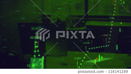 Digital composite image of financial data processing against empty office 116141289