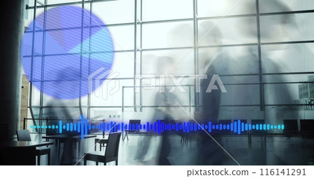 Digital composite image of statistical data processing against business people walking in an office Digital composite image of statistical data processing against business people walking in an office 116141291