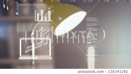 Digital composite image of digital icons and data processing against lamp on office desk 116141292