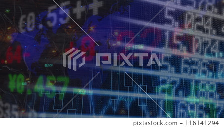 Digital composite image of stock market data processing over world map against black background Digital composite image of stock market data processing over world map against black background 116141294