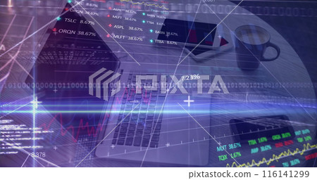 Digital composite image of financial data processing against office equipment on desk Digital composite image of financial data processing against office equipment on desk 116141299