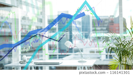 Digital composite image of blue graphs over financial data processing against empty office Digital composite image of blue graphs over financial data processing against empty office 116141301