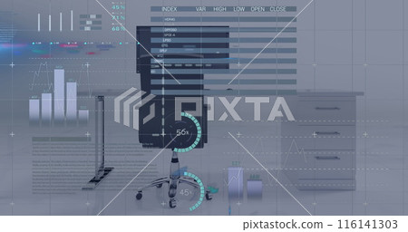 Digital composite image of statistical and financial data processing against empty office Digital composite image of statistical and financial data processing against empty office 116141303