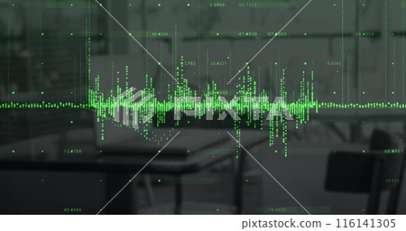 Digital composite image of green graphs over financial data processing against empty office Digital composite image of green graphs over financial data processing against empty office 116141305