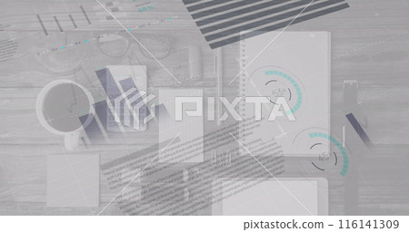 Digital composite image of statistical data processing against office equipment on desk Digital composite image of statistical data processing against office equipment on desk 116141309