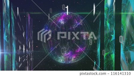 Image of letters and numbers over spinning globe and digital screen 116141310