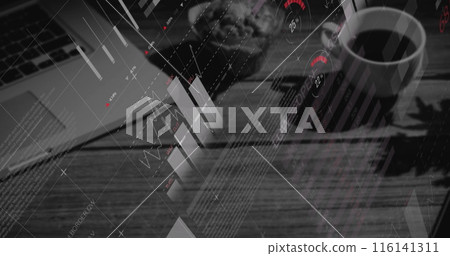 Digital composite image of statistical data processing against office equipment on desk 116141311