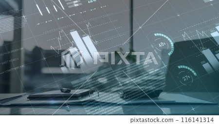 Digital composite image of statistical and financial data processing against empty office 116141314