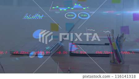 Digital composite image of statistical data processing against office equipment on desk Digital composite image of statistical data processing against office equipment on desk 116141318