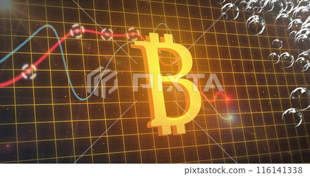 Image of financial data processing with glowing bitcoin symbol on grid 116141338