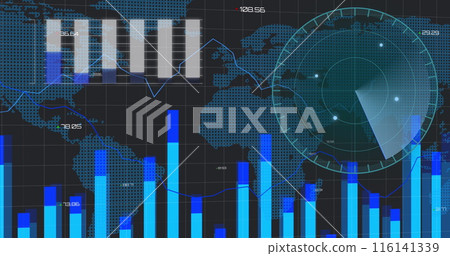 Image of financial data processing and scope scanning over world map Image of financial data processing and scope scanning over world map 116141339