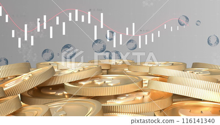 Image of financial data processing over stack of gold coins 116141340