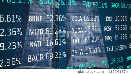 Image of financial data processing over modern bank building Image of financial data processing over modern bank building 116141374